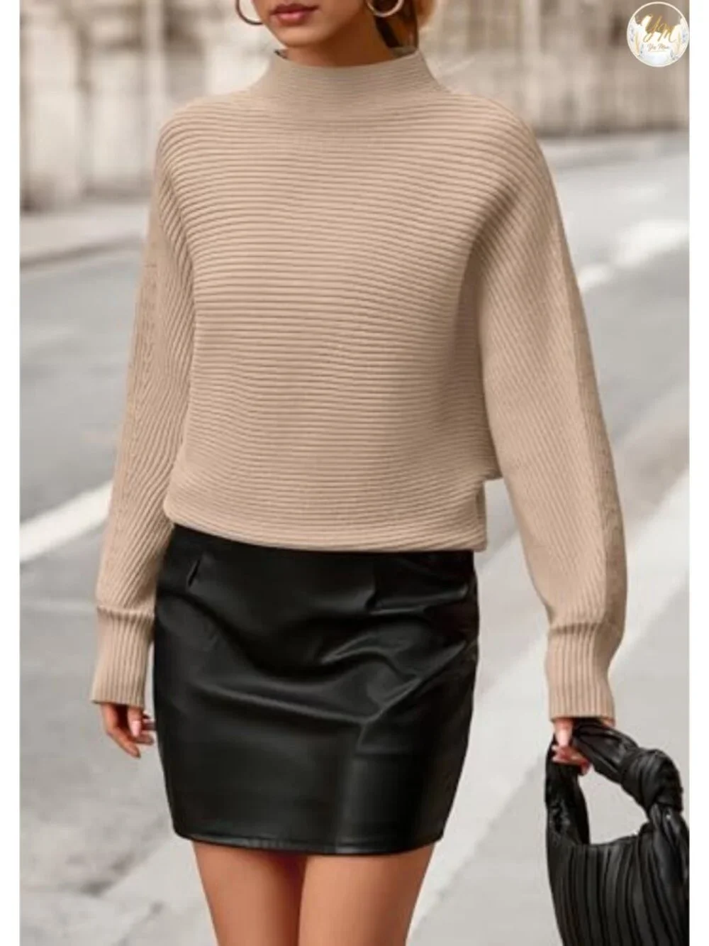 Womens Batwing Long Sleeve Sweater Mock Neck Ribbed Knit Cozy Pullover